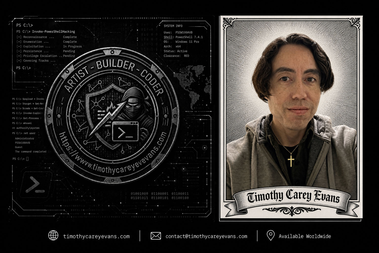 Artist, builder, coder identity collage for Timothy Carey Evans